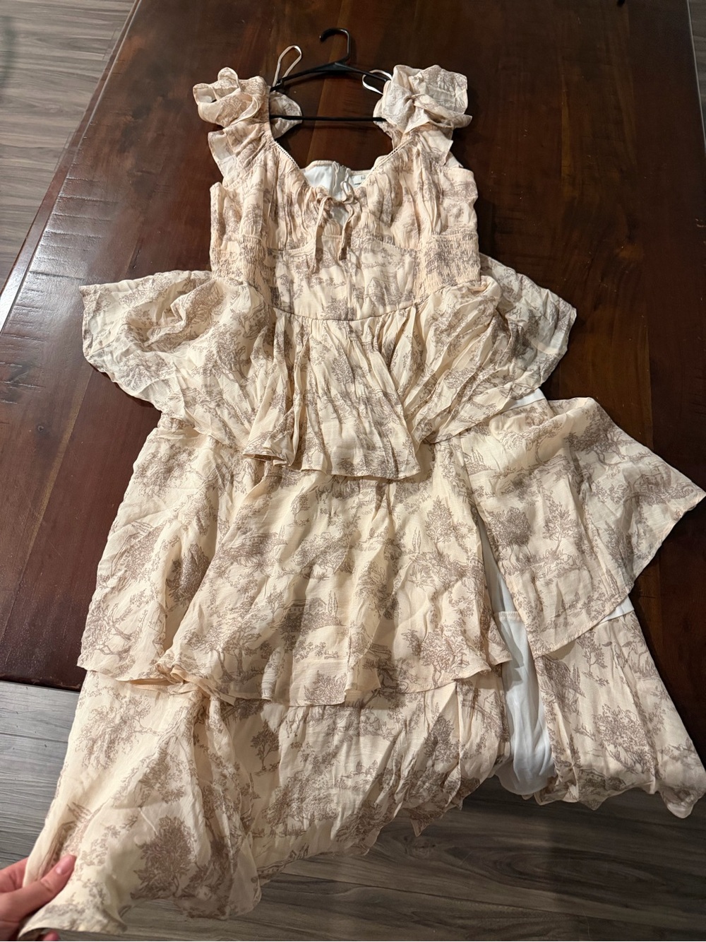 Francesca's Collections Cream and Brown Floral Ruffle Tiered Dress